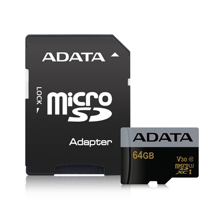 ADATA Premier Pro UHS-I U3 64 GB, MicroSDXC, Flash memory class 10, Adapter