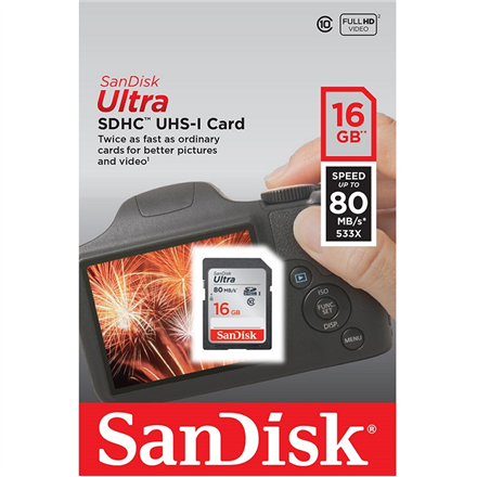 Sandisk Ultra SDHC card 16 GB, SDHC, Flash memory class 10, 80 MB/s