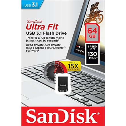 Sandisk Ultra Fit™ USB 3.1 - Small Form Factor Plug and Stay Hi-Speed USB Drive 64 GB, USB 3.1, Blac
